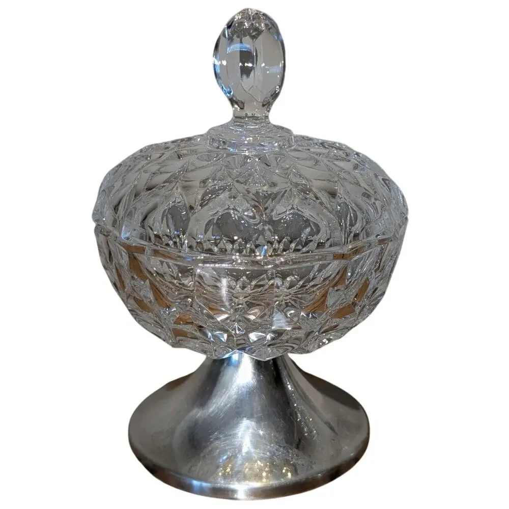 Vintage Wallace Silver Plate Pedestal Crystal Lidded Candy Dish USA Made - Picture 2 of 8